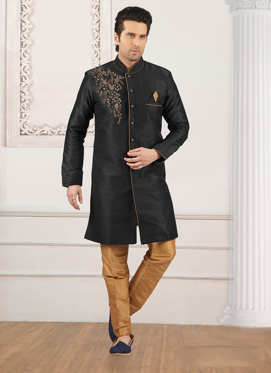 Embroidered Dupion Silk Black Indo Western - M6383