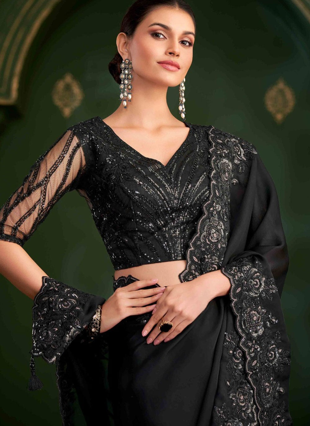 Black Georgette Satin Trendy Saree Embroidered S20370