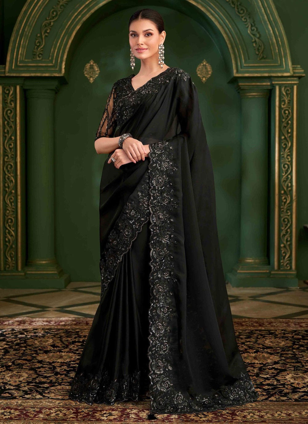 Black Georgette Satin Trendy Saree Embroidered S20370