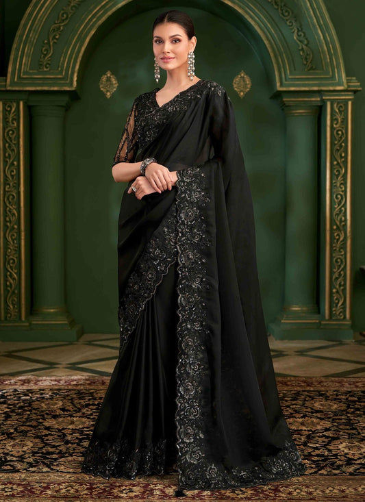 Black Georgette Satin Trendy Saree Embroidered S20370