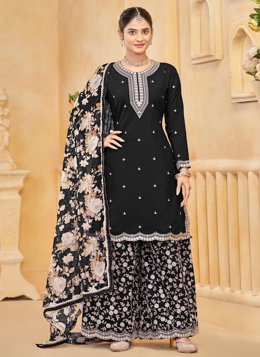 Embroidered Silk Black Salwar Suit T6001