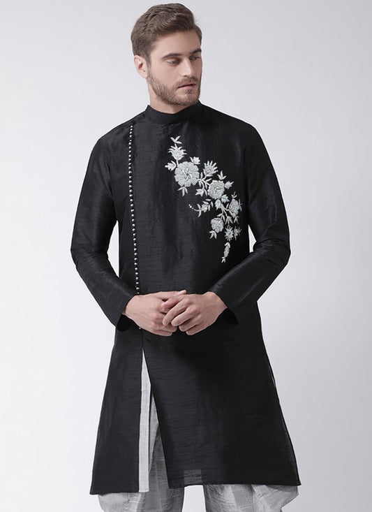 Embroidered Art Dupion Silk Black Angrakha - M3507