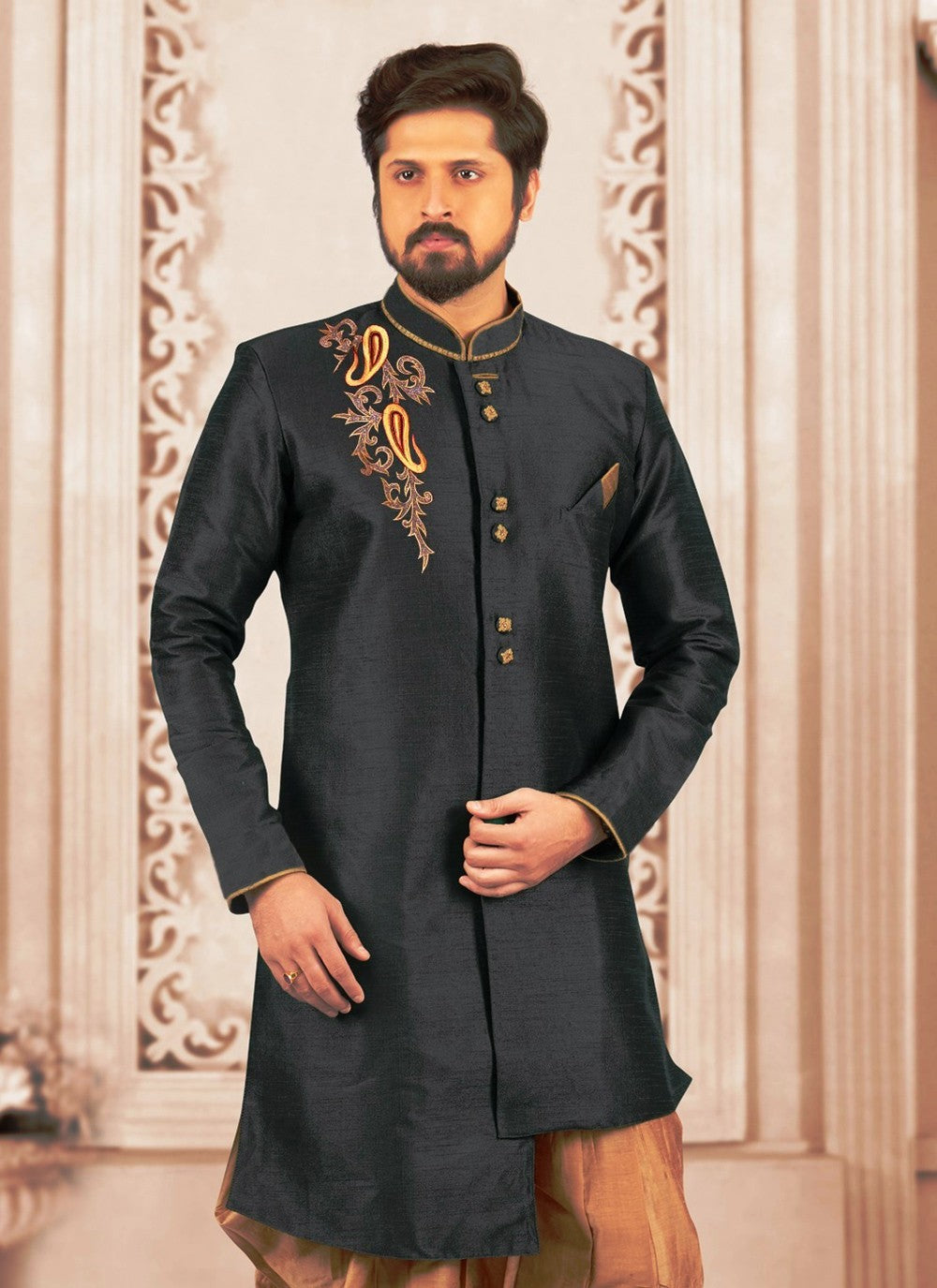 Embroidered Dupion Silk Black Kurta - M6285