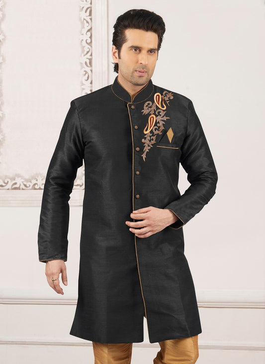 Embroidered Dupion Silk Black Kurta - M6298