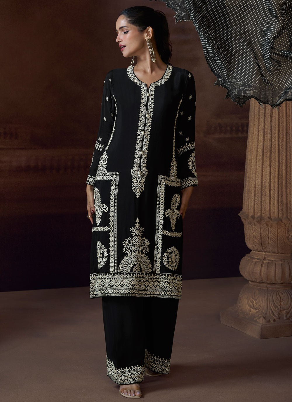 Embroidered Chinon Black Salwar Suit T5934