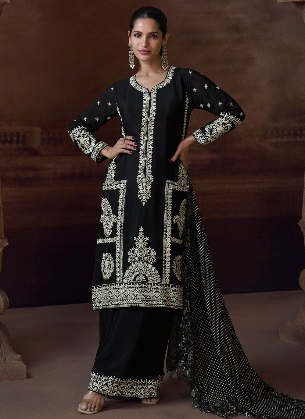 Embroidered Chinon Black Salwar Suit T5934