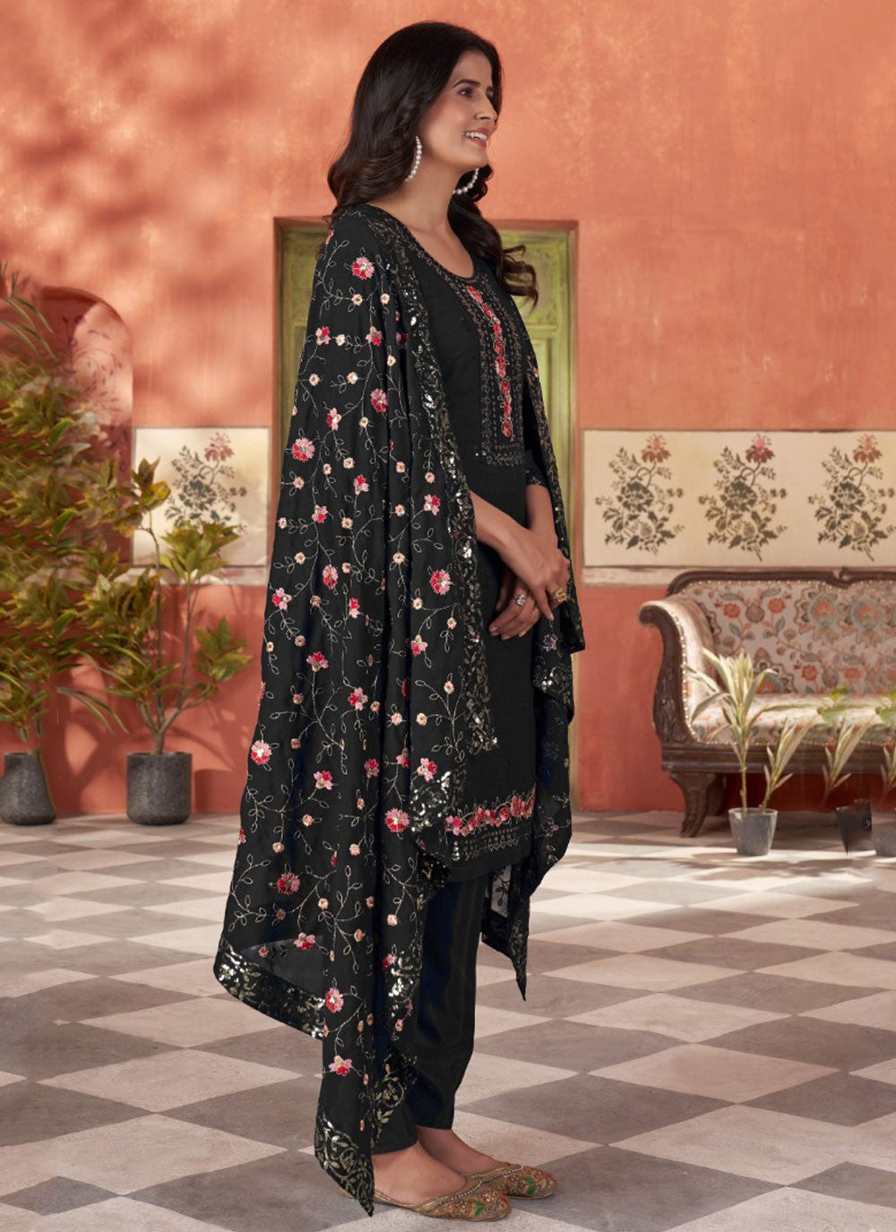Salwar Suit Embroidered Black Georgette T5364