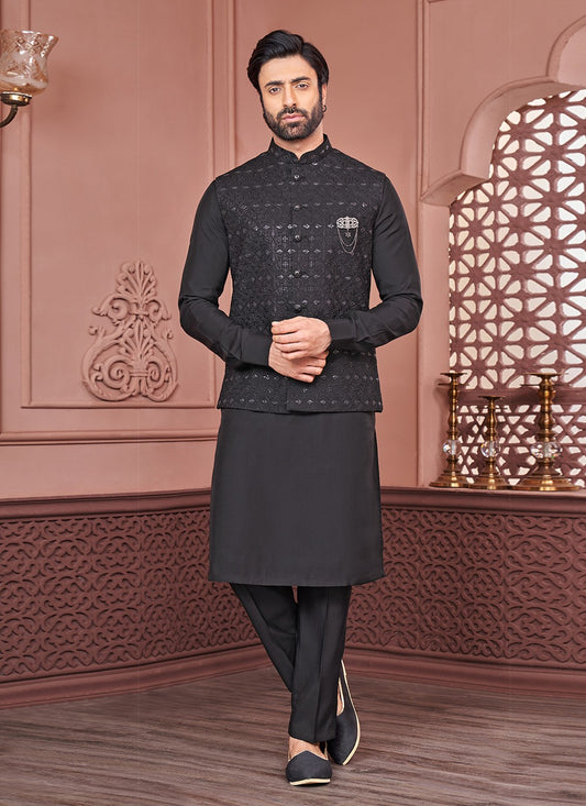 Embroidered Banarasi Silk Black Kurta Payjama With Jacket - M6339