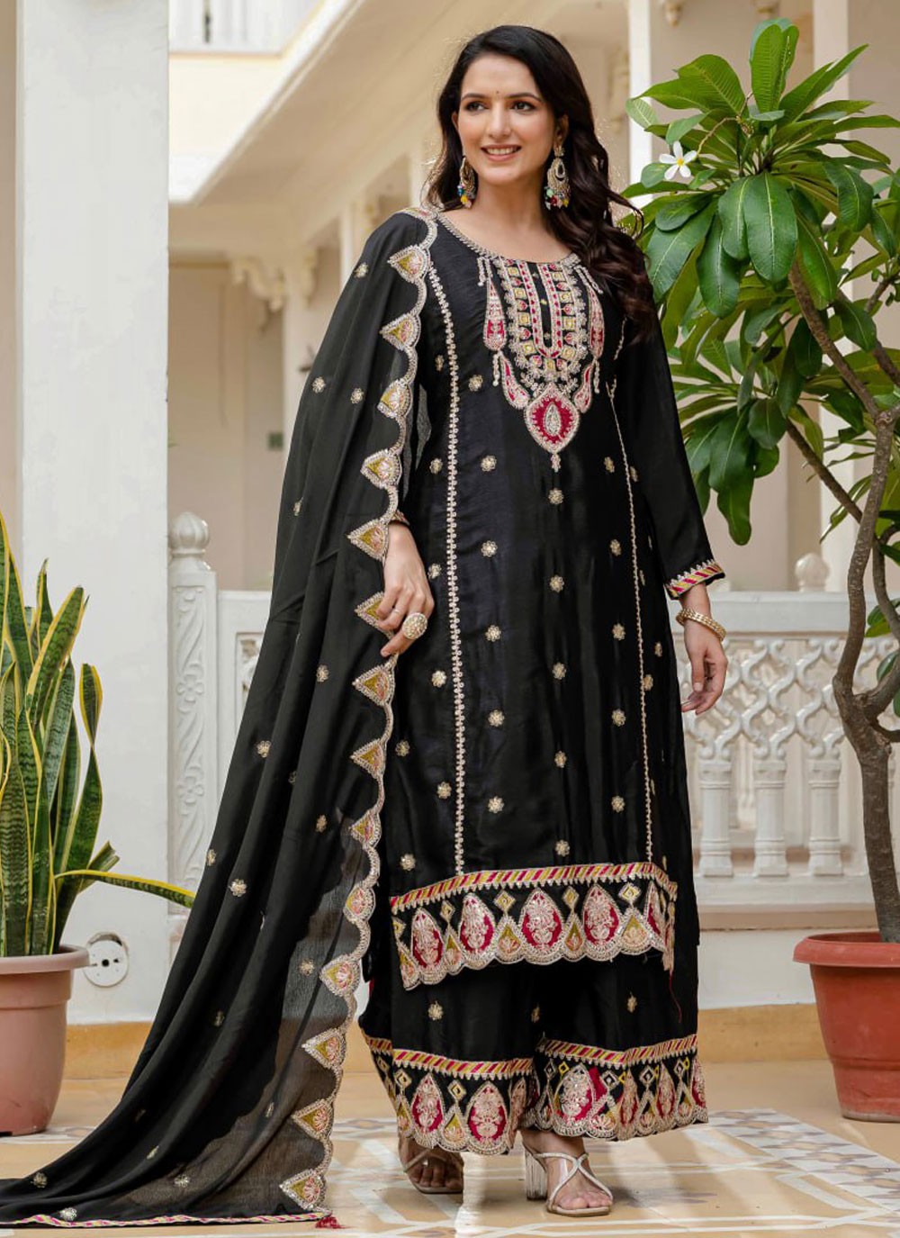 Palazzo Suit Embroidered Black T8879