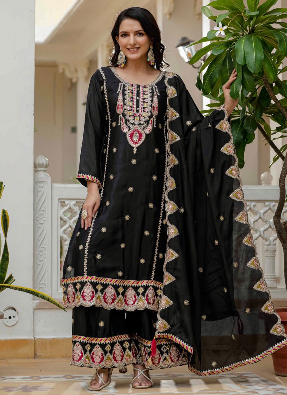 Palazzo Suit Embroidered Black T8879