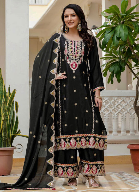 Palazzo Suit Embroidered Black T8879
