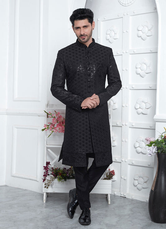 Embroidered Art Silk Black Sherwani - M8251