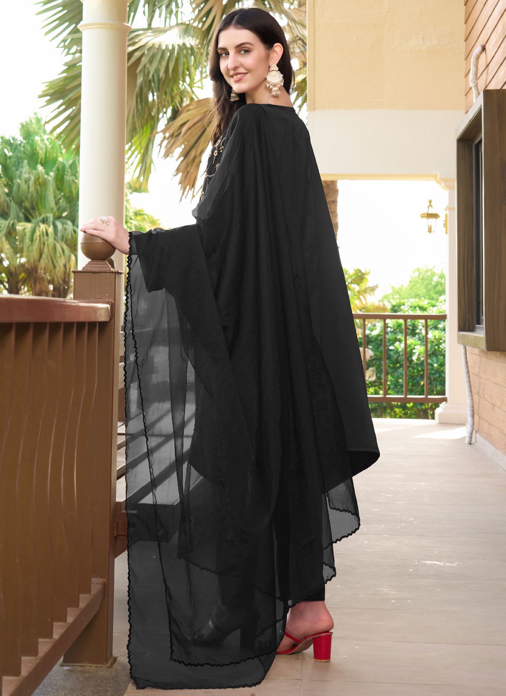 Salwar Suit Embroidered Black Satin T5330