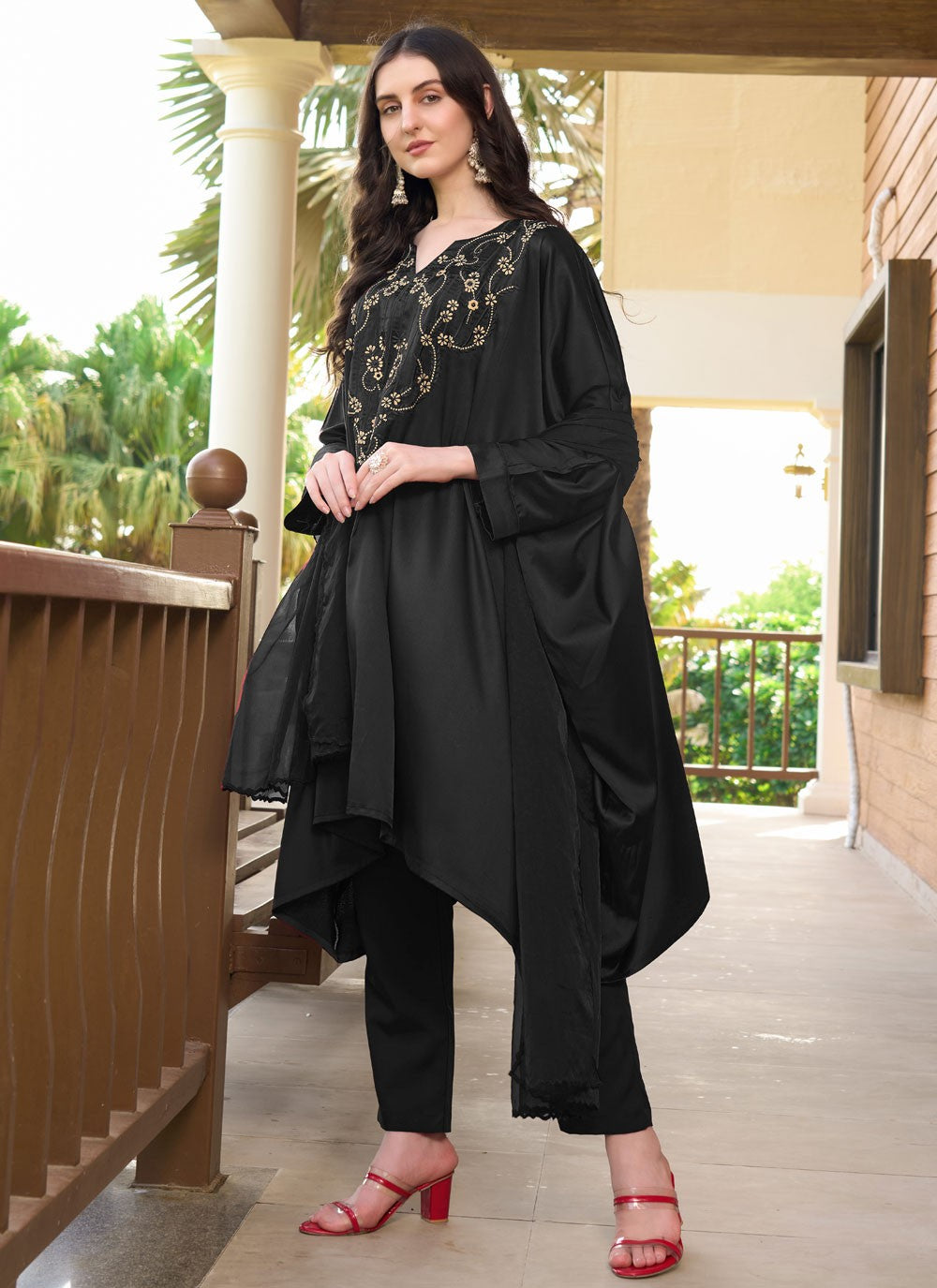Salwar Suit Embroidered Black Satin T5330
