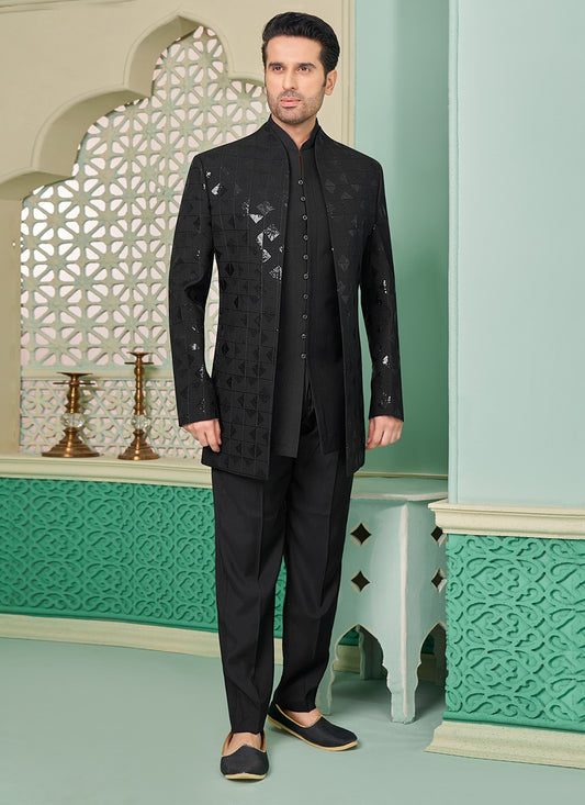 Embroidered Banarasi Silk Black Indo Western - M7290