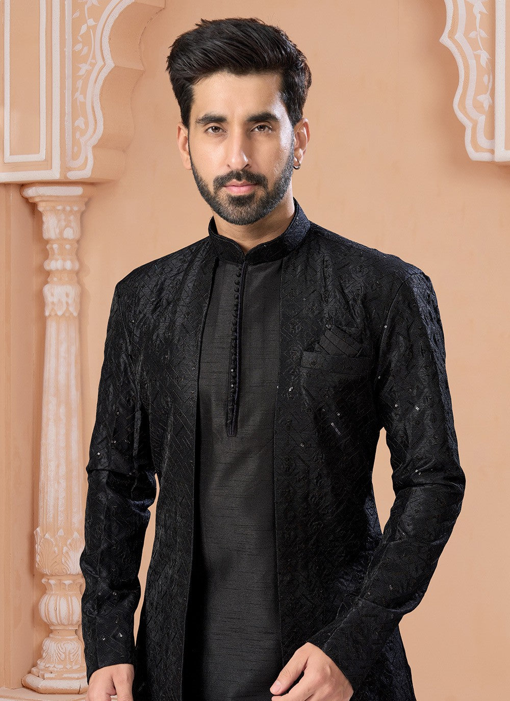 Embroidered Banglori Silk Black Indo Western Sherwani - M6882