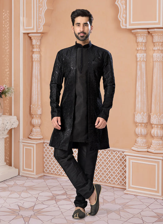 Embroidered Banglori Silk Black Indo Western Sherwani - M6882