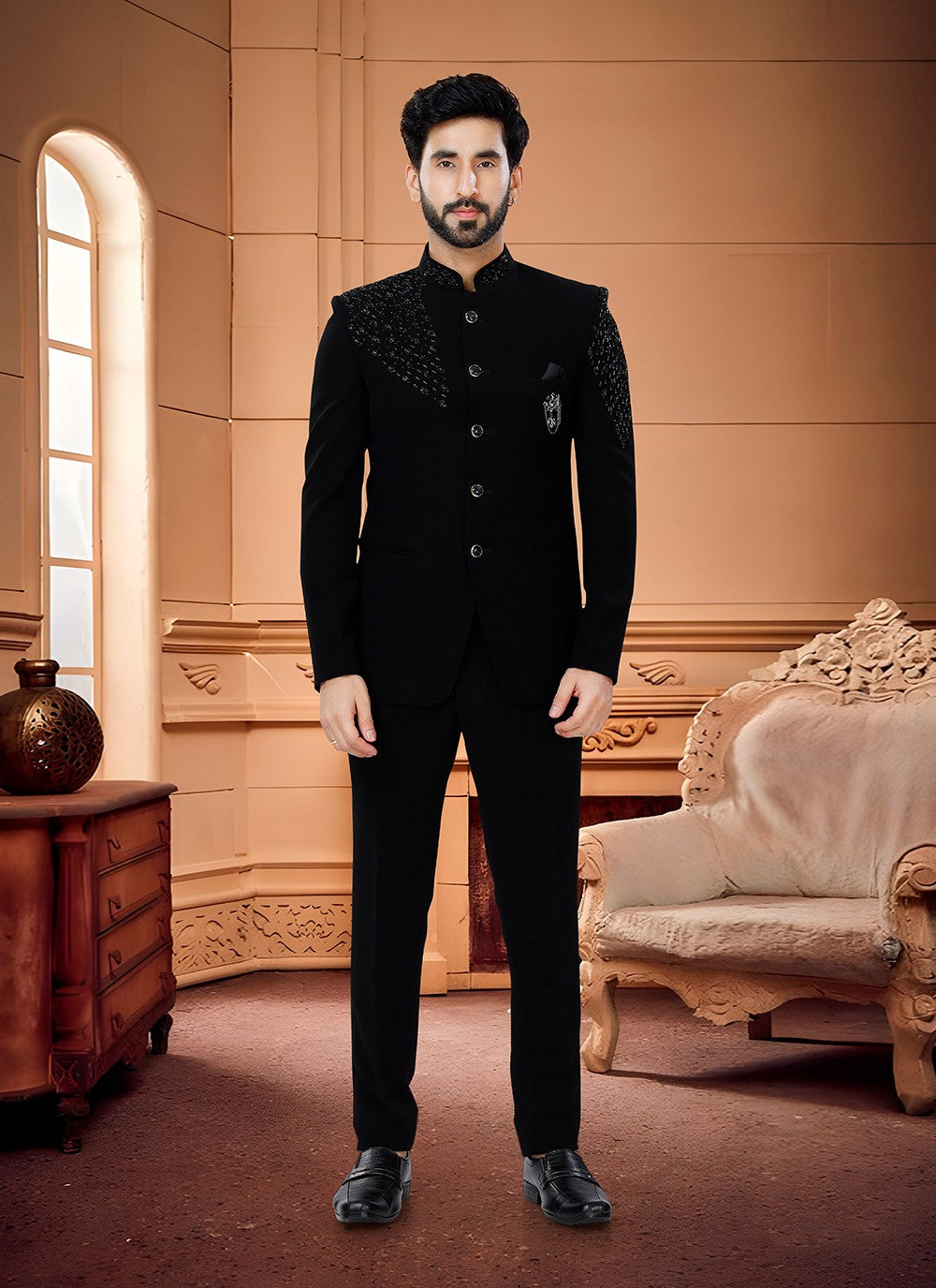 Embroidered Fancy Fabric Black Jodhpuri Suit - M4347