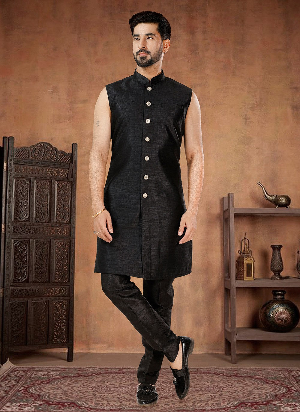 Embroidered Georgette, Silk Black Indo Western - M7023