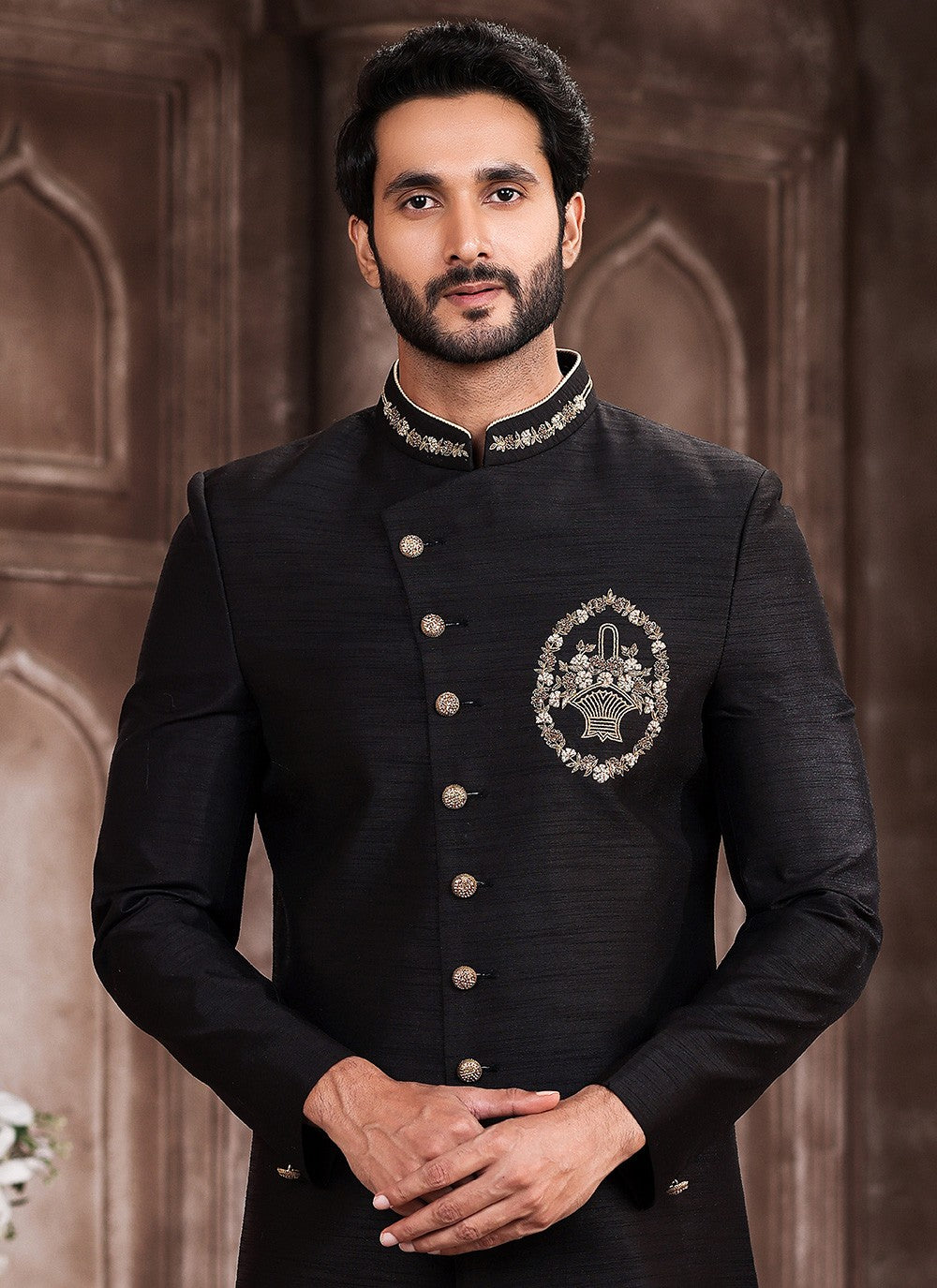 Embroidered Art Silk Black Indo Western Sherwani - M5382