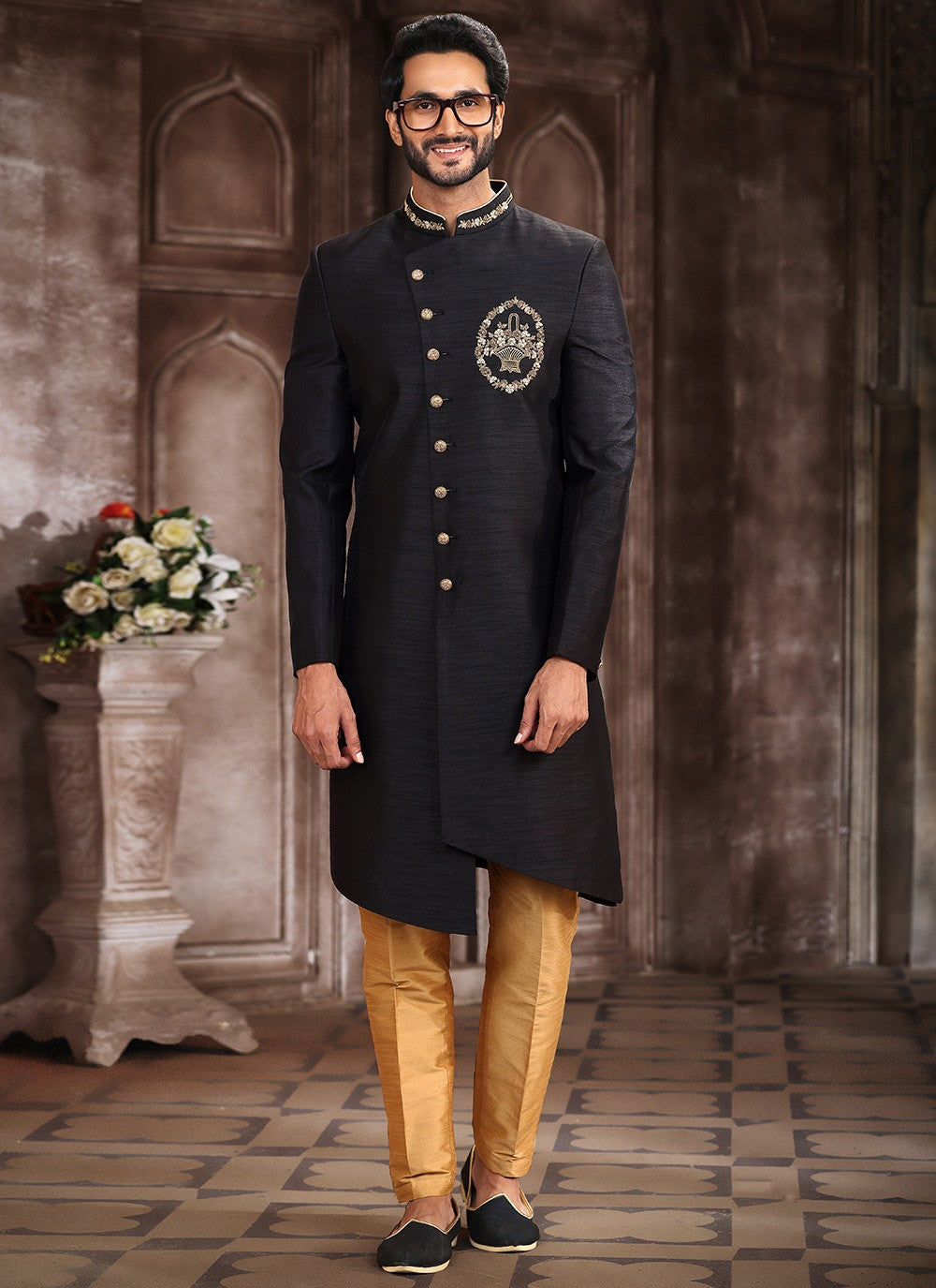 Embroidered Art Silk Black Indo Western Sherwani - M5382