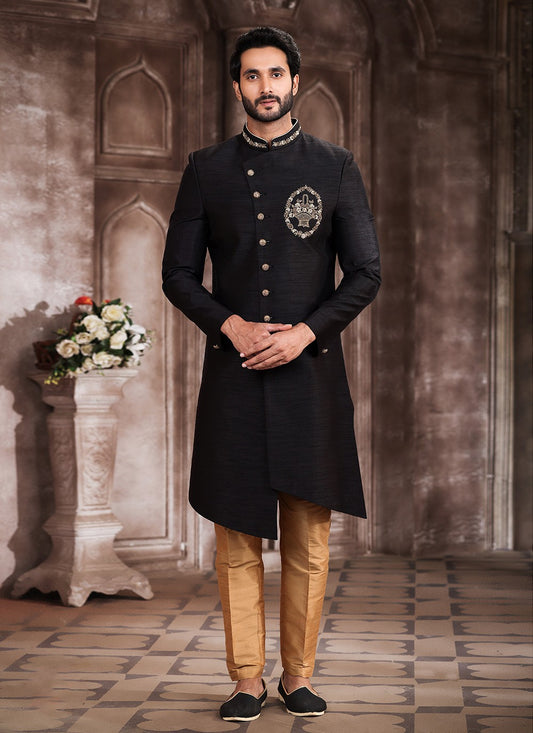 Embroidered Art Silk Black Indo Western Sherwani - M5382