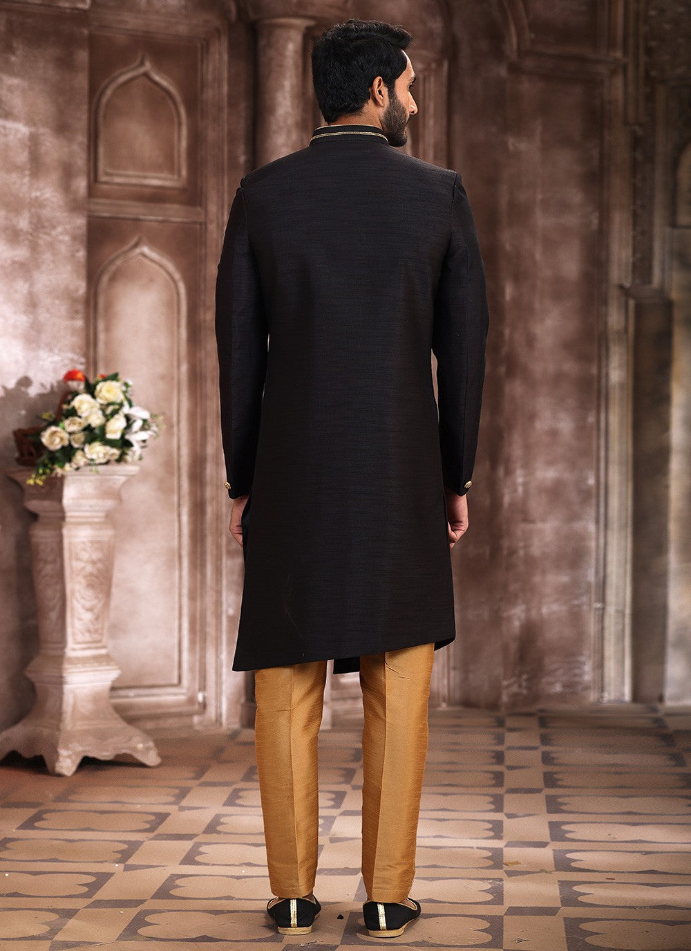 Embroidered Art Silk Black Indo Western Sherwani - M5382