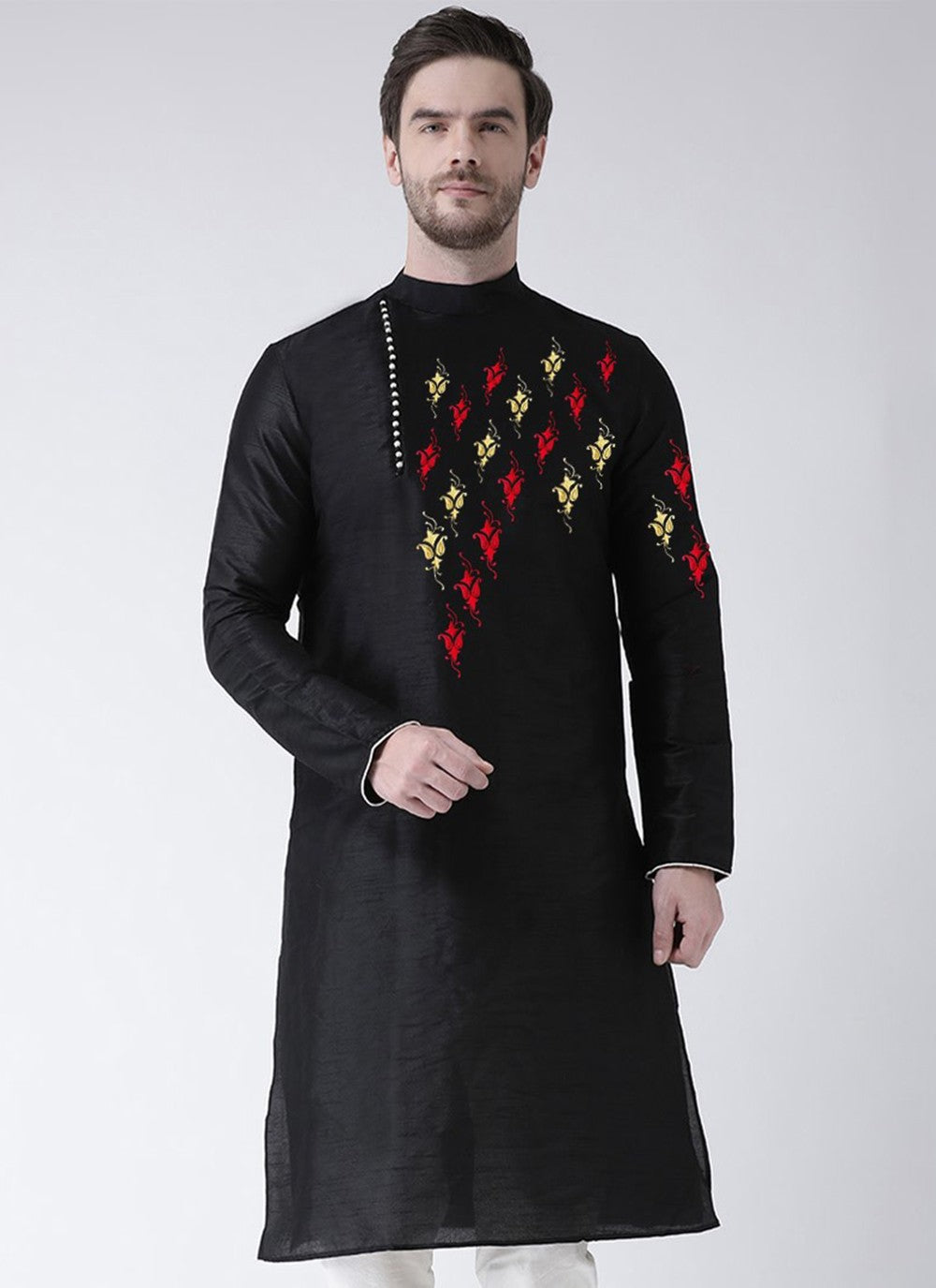 Embroidered Dupion Silk Black Kurta - M2347