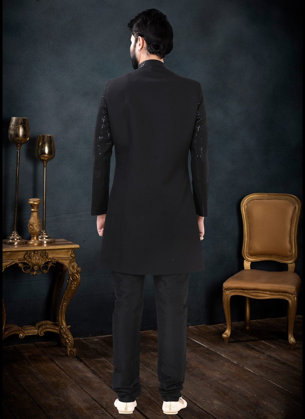 Sequins Fancy Fabric Black Indo Western Sherwani - M4458