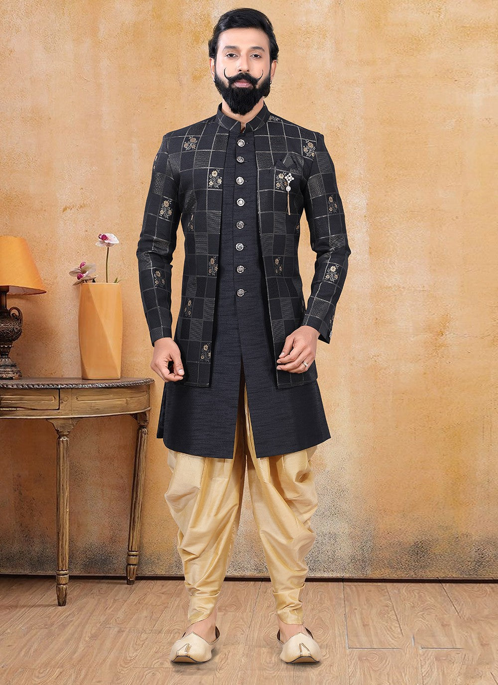 Fancy Work Jacquard Silk Black Jacket Style - M3372