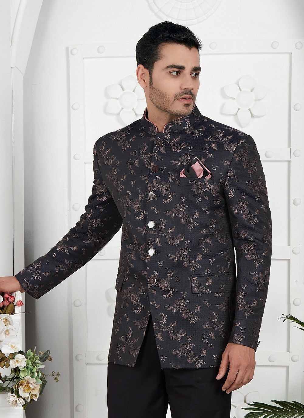 Fancy Work Jacquard Silk Black Jacket Style - M6649