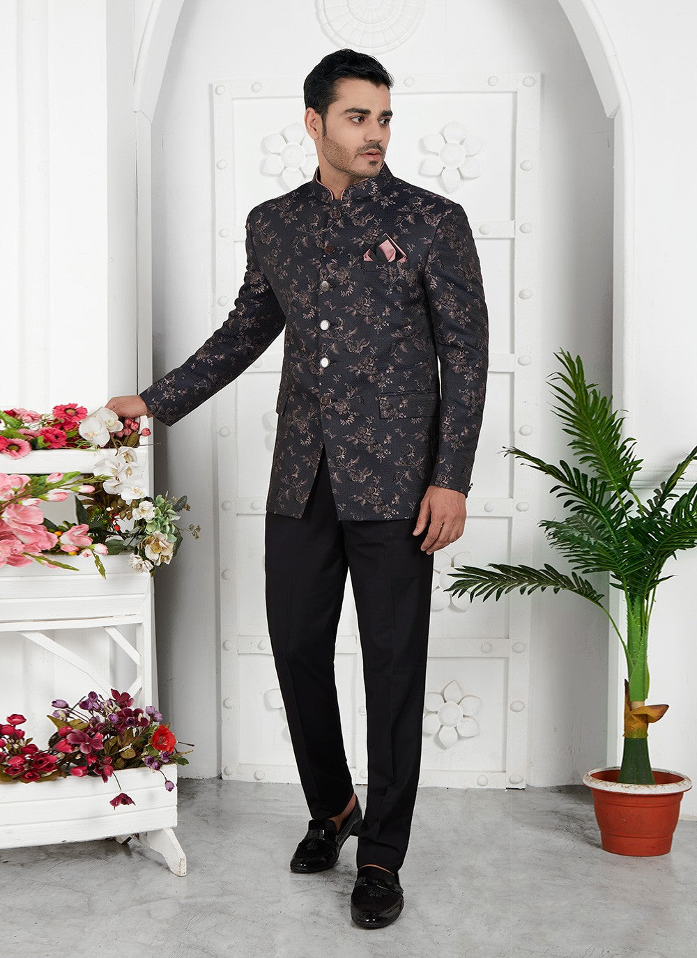 Fancy Work Jacquard Silk Black Jacket Style - M6649