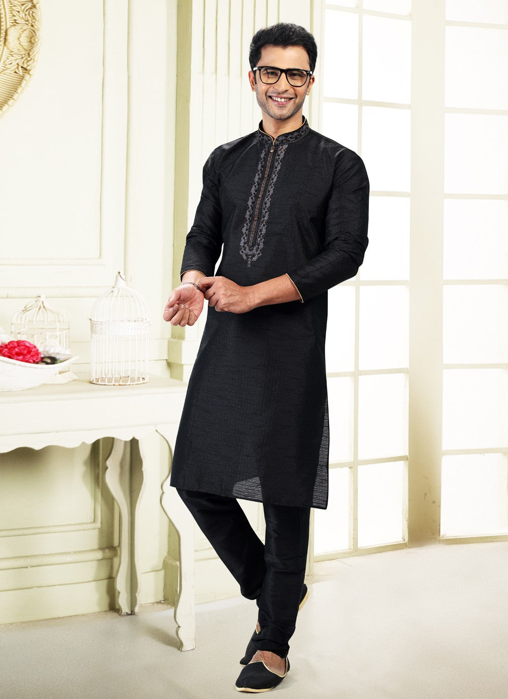 Fancy Work Banarasi Silk, Jacquard Black Kurta Pyjama - M4865