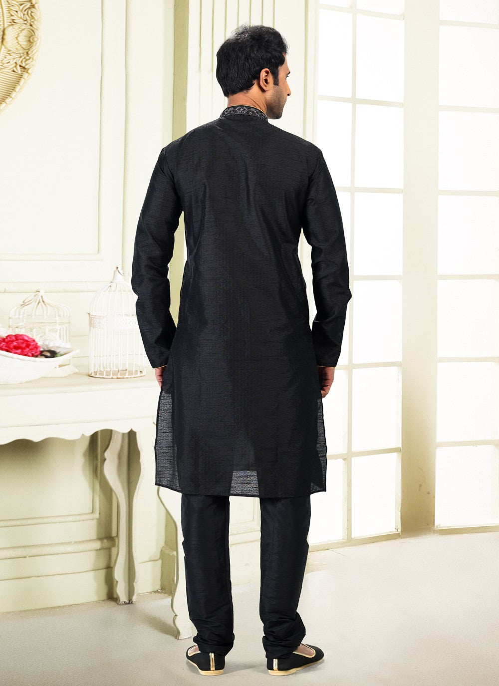 Fancy Work Banarasi Silk, Jacquard Black Kurta Pyjama - M4865