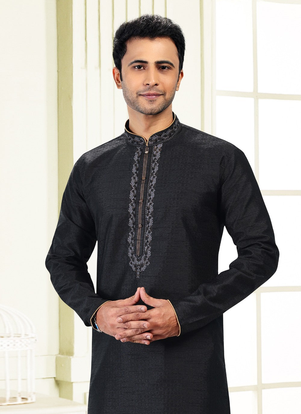 Fancy Work Banarasi Silk, Jacquard Black Kurta Pyjama - M4865