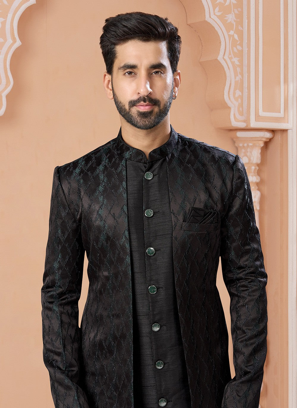 Embroidered Jacquard Black Indo Western Sherwani - M6886