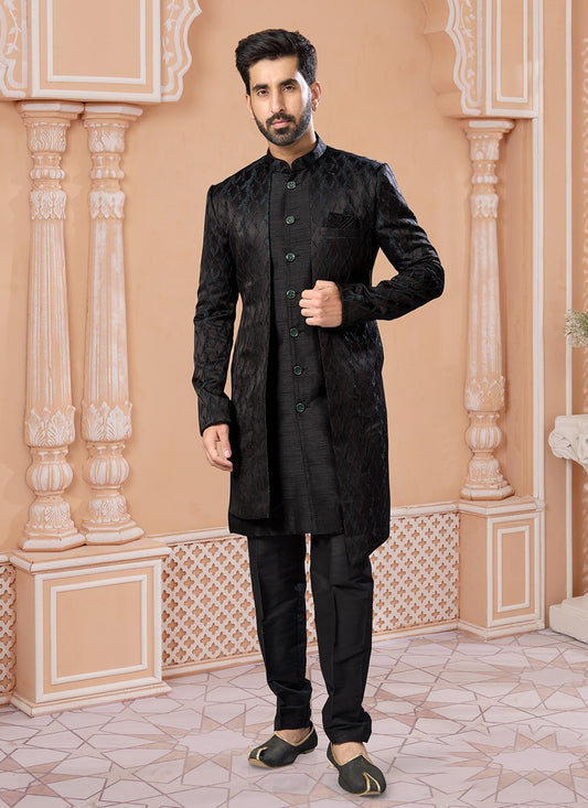 Embroidered Jacquard Black Indo Western Sherwani - M6886