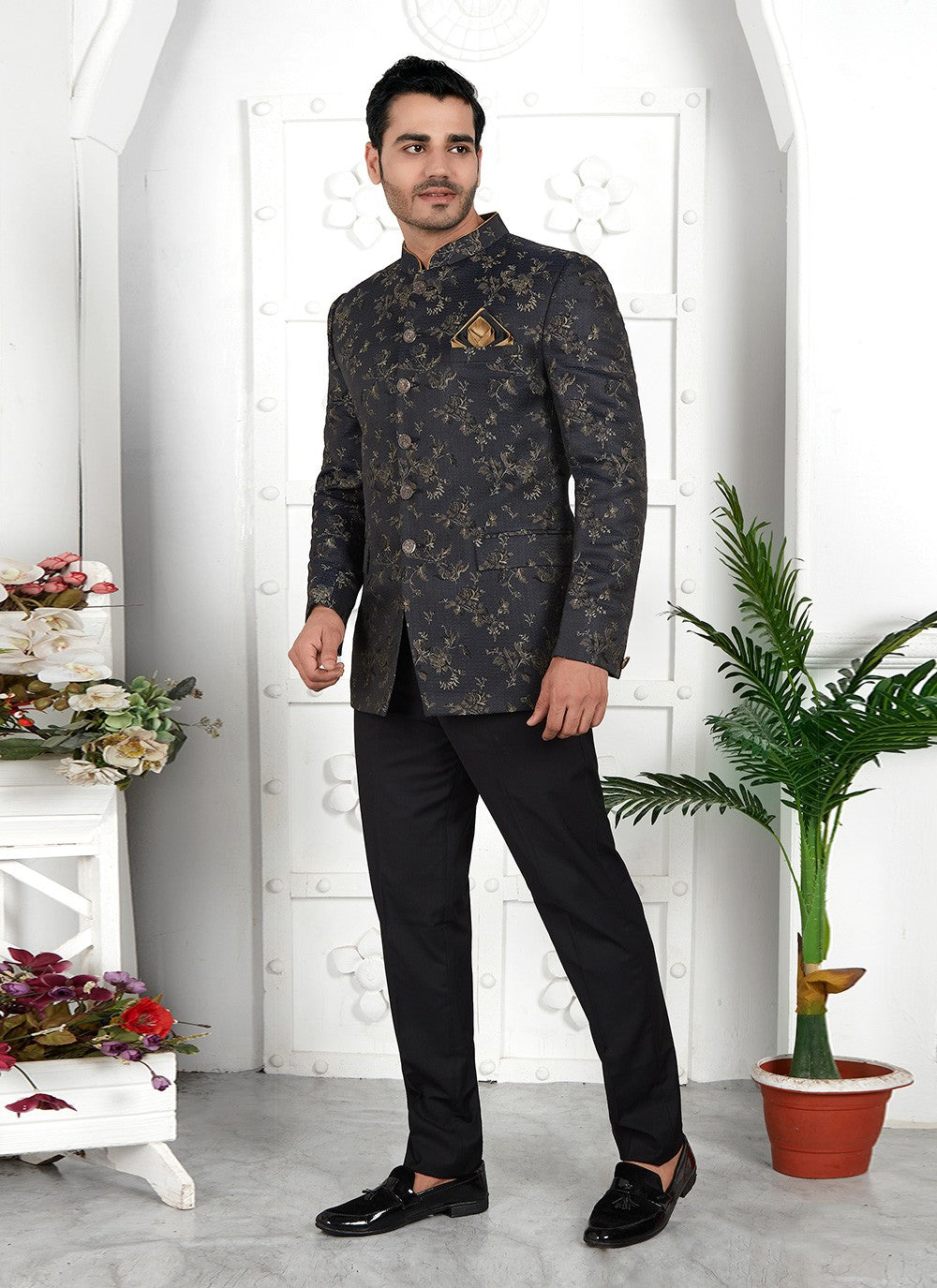 Fancy Work Jacquard Silk Black Jacket Style - M6648