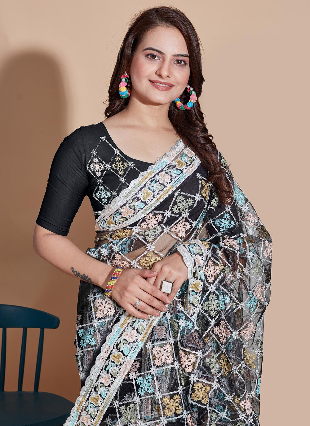 Trendy Embroidered Net Saree - S5270