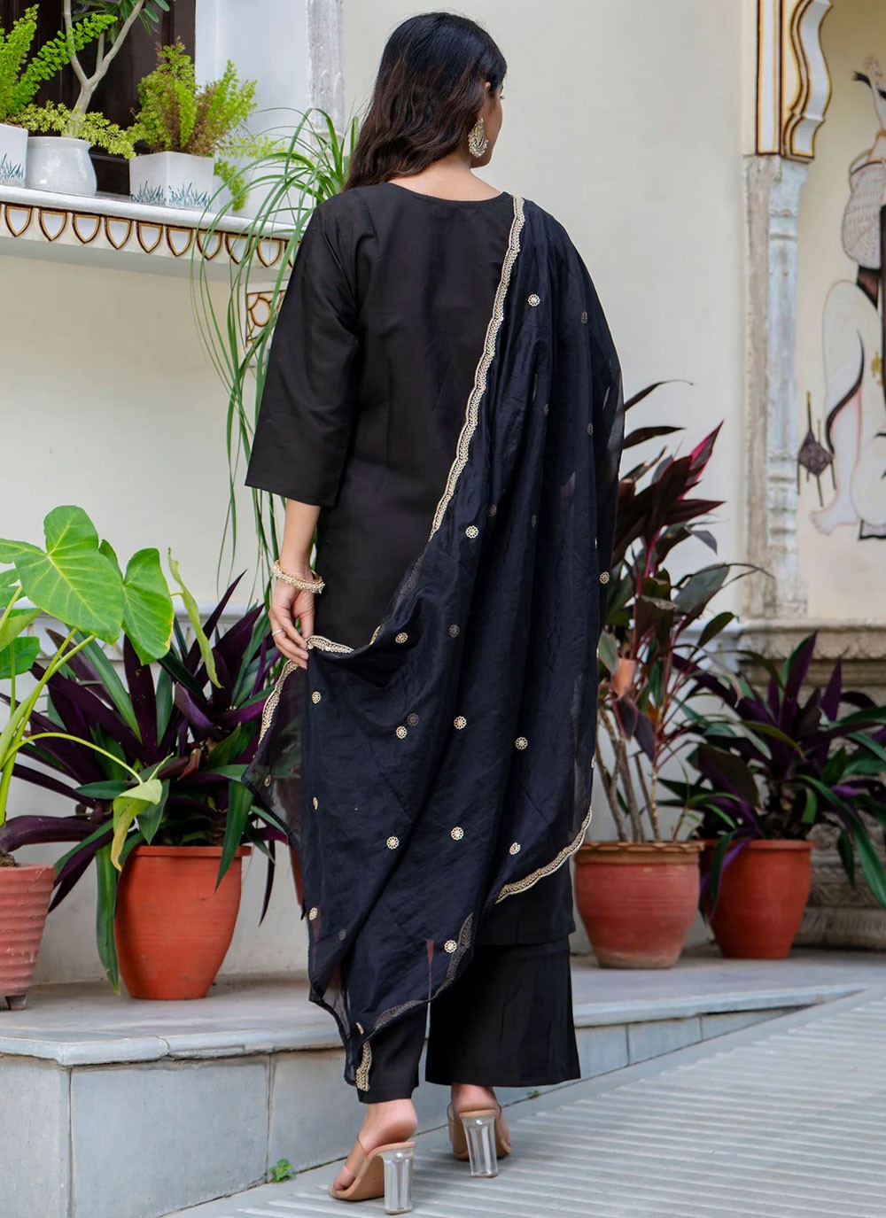 Pant Style Suit Embroidered Black T6939