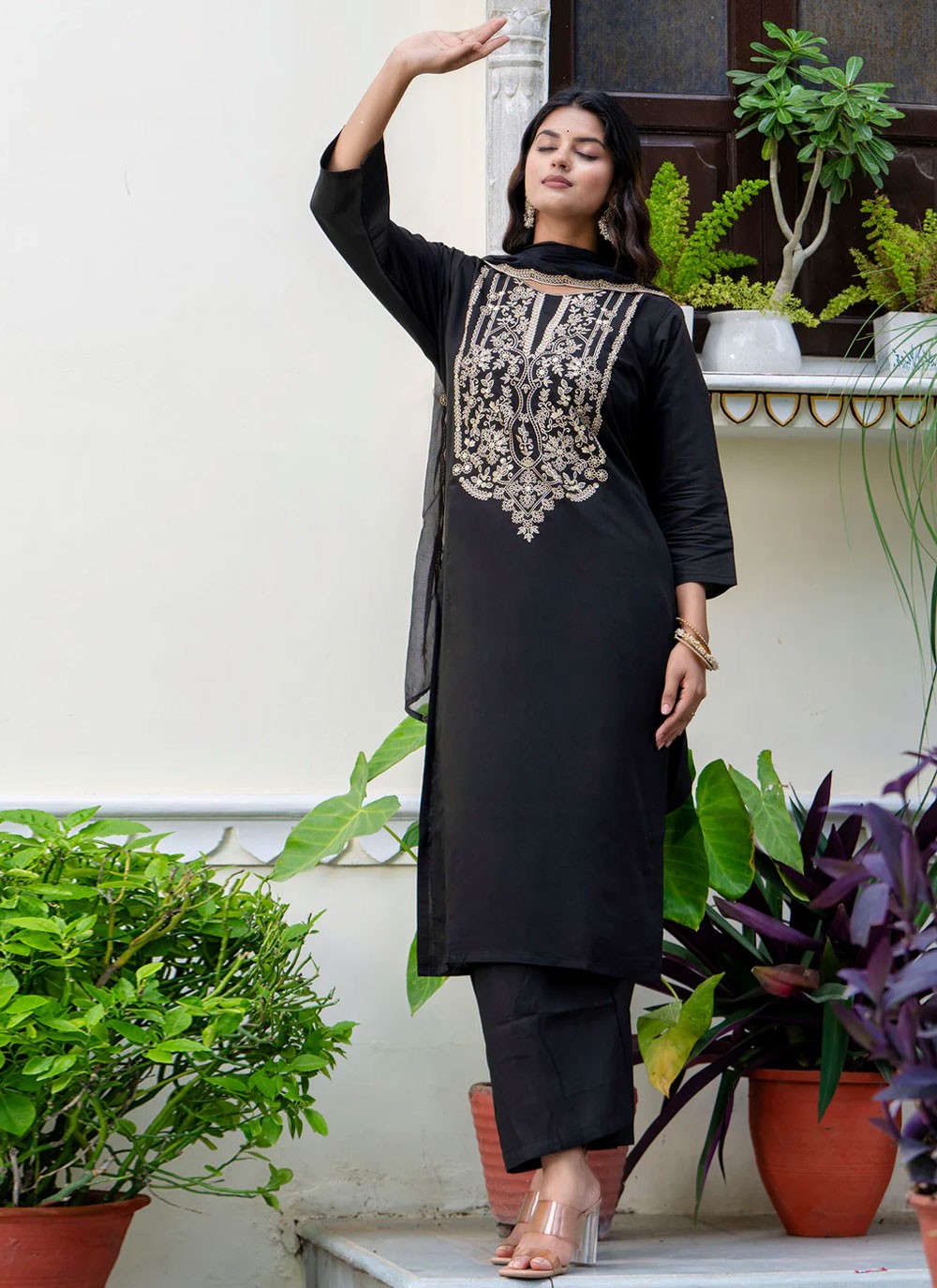 Pant Style Suit Embroidered Black T6939