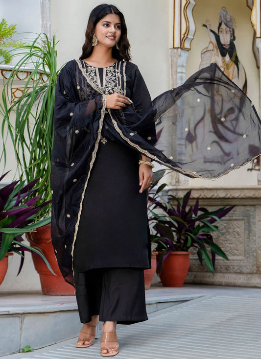 Pant Style Suit Embroidered Black T6939