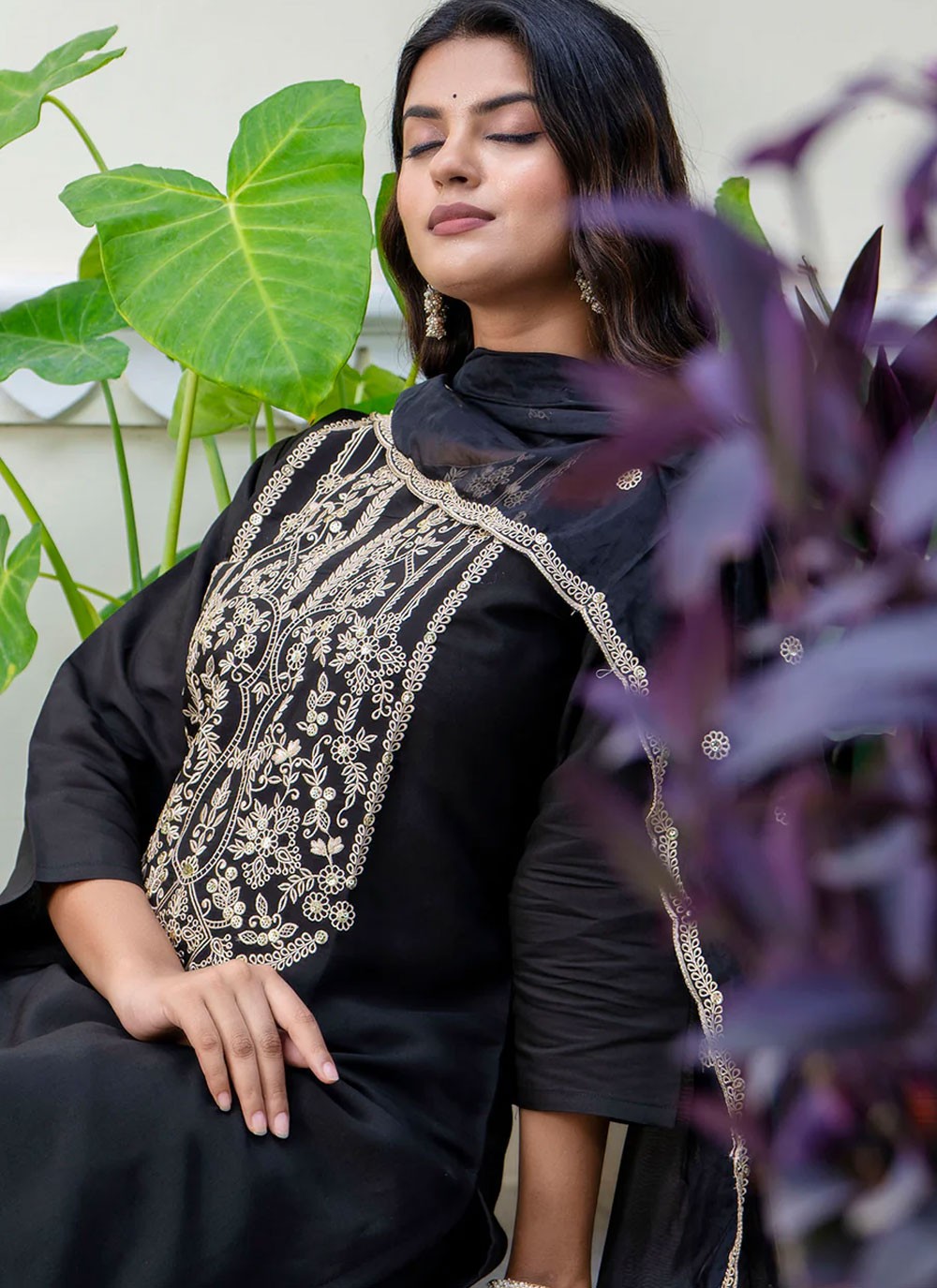 Pant Style Suit Embroidered Black T6939