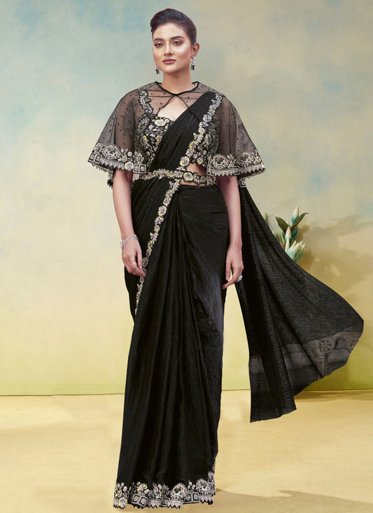 Black Satin Silk Contemporary Saree Embroidered, Sequins S19900