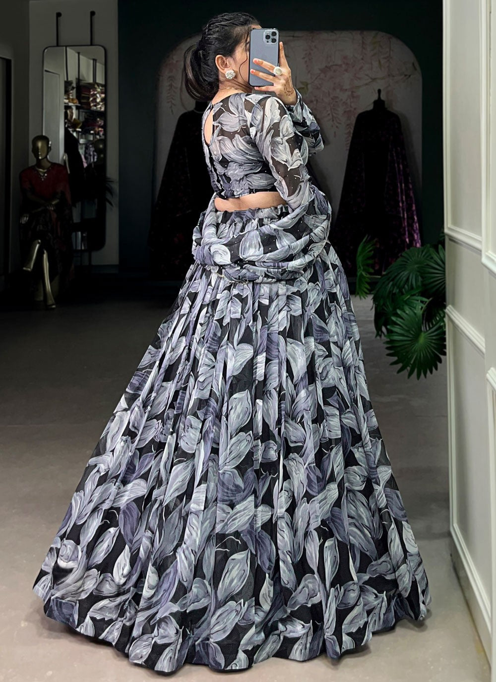 Foliage Prints Silk Black Lehenga - L3388