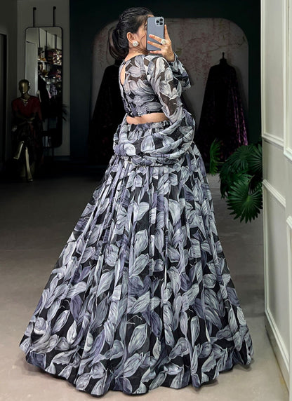 Foliage Prints Silk Black Lehenga - L3388