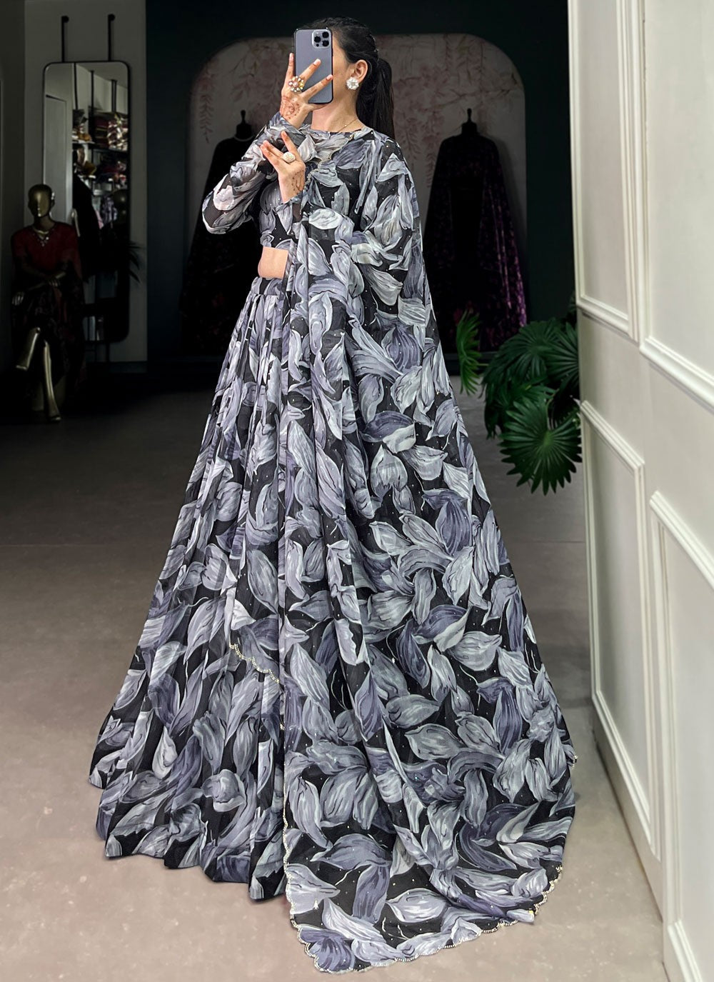 Foliage Prints Silk Black Lehenga - L3388