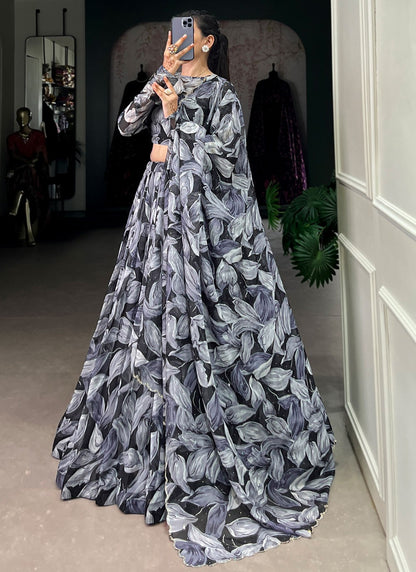 Foliage Prints Silk Black Lehenga - L3388