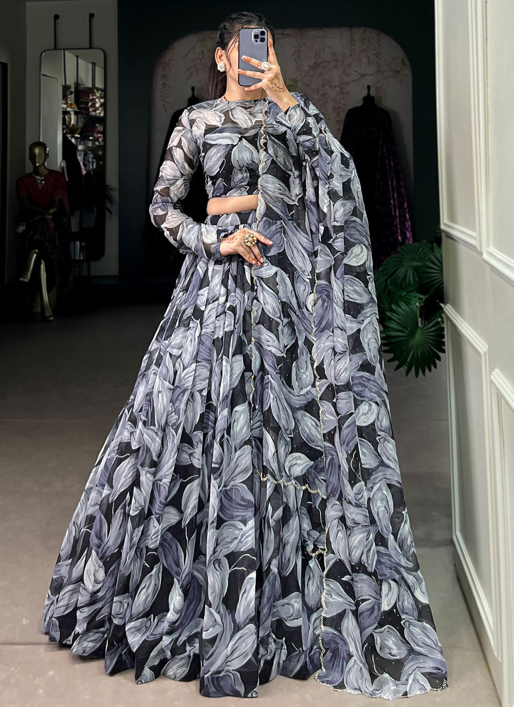 Foliage Prints Silk Black Lehenga - L3388