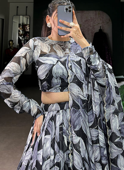Foliage Prints Silk Black Lehenga - L3388